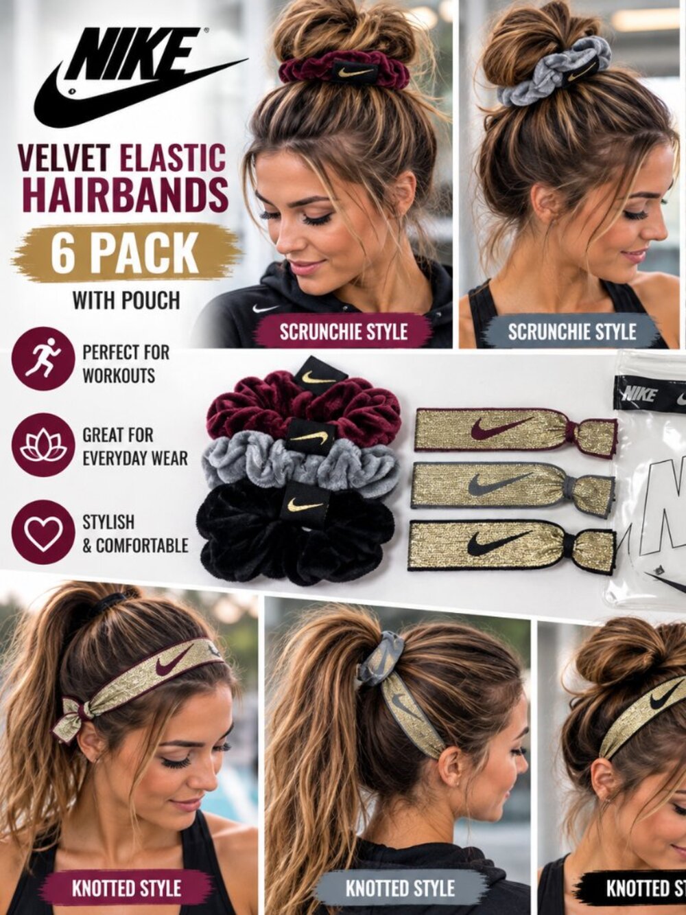 Nike Velvet Elastic Hairbands 6-Pack Gold Burgundy Grey Black with Pouch